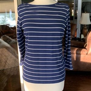 Striped boatneck navy top buttons down sleeve